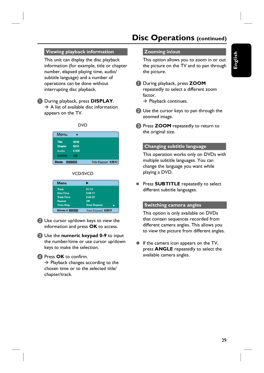 Philips HTS8100 quick start Viewing playback information, Appears on the TV, Zooming in/out, Changing subtitle language 