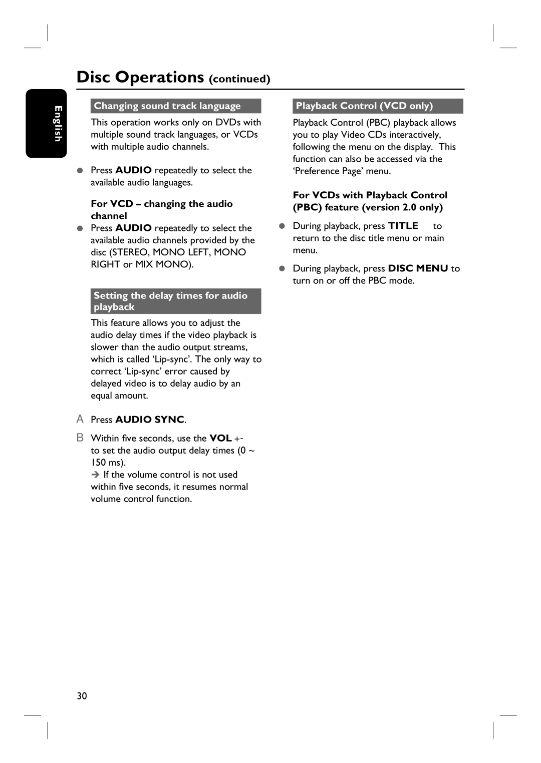 Philips HTS8100 For VCD changing the audio channel, Setting the delay times for audio playback, Press Audio Sync 