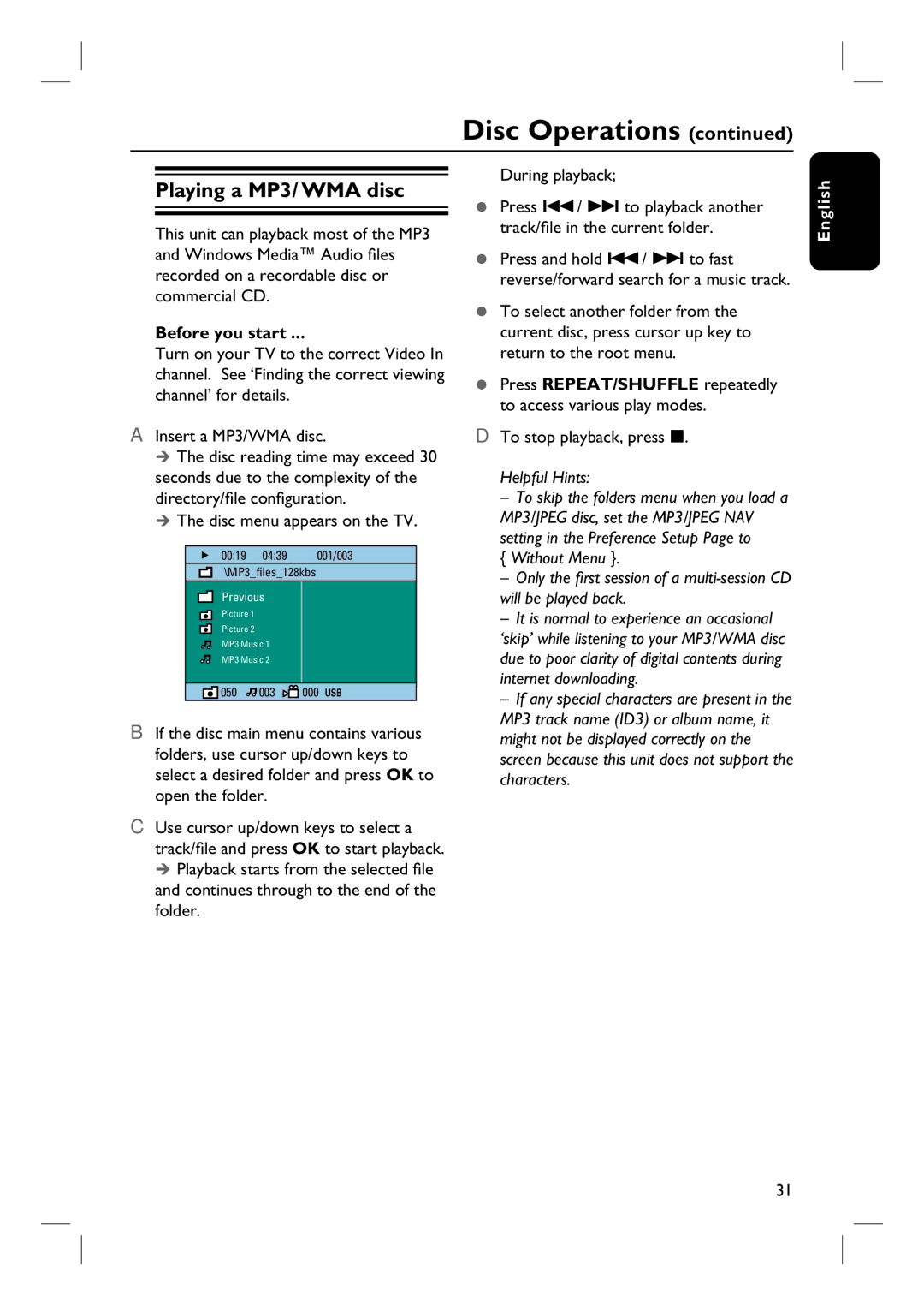 Philips HTS8100 quick start Playing a MP3/ WMA disc, Disc menu appears on the TV 