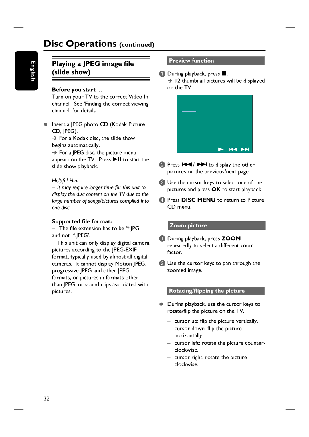 Philips HTS8100 quick start Playing a Jpeg image file slide show, Supported file format, Preview function, Zoom picture 