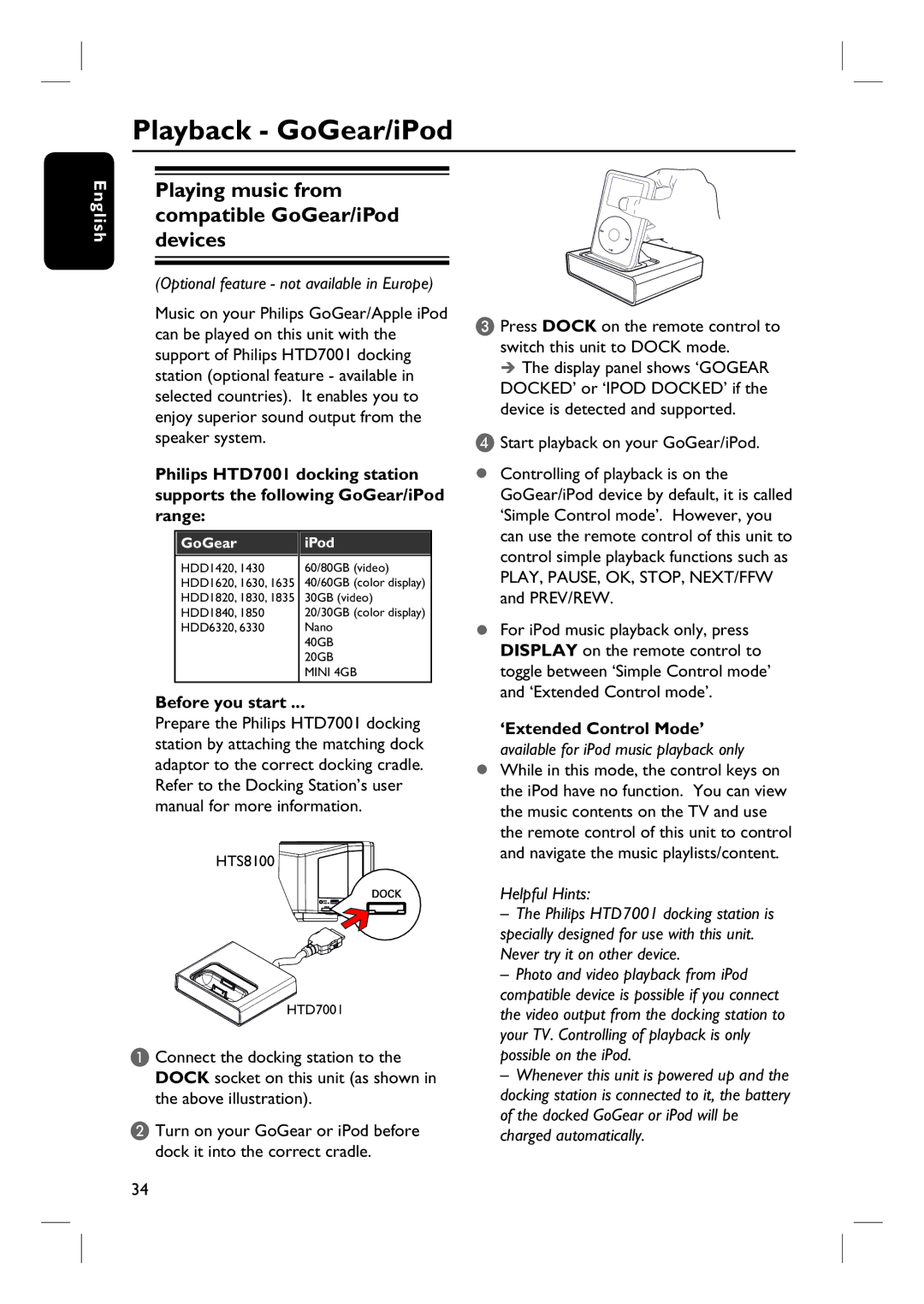 Philips HTS8100 Playback GoGear/iPod, Playing music from compatible GoGear/iPod devices, ‘Extended Control Mode’ 