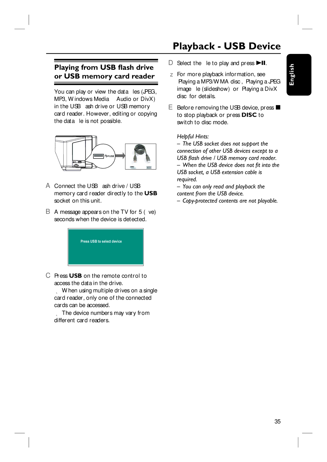 Philips HTS8100 quick start Playback USB Device, Playing from USB flash drive or USB memory card reader 