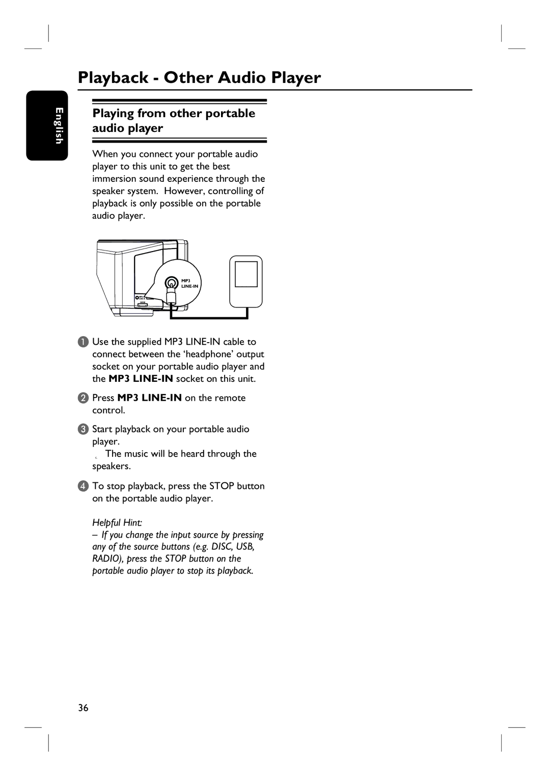 Philips HTS8100 quick start Playback Other Audio Player, Playing from other portable audio player 