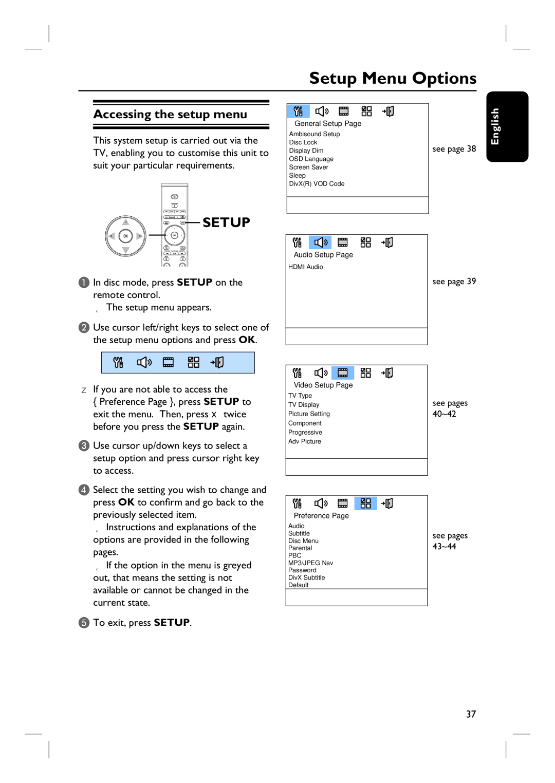 Philips HTS8100 quick start Setup Menu Options, Accessing the setup menu, If you are not able to access 