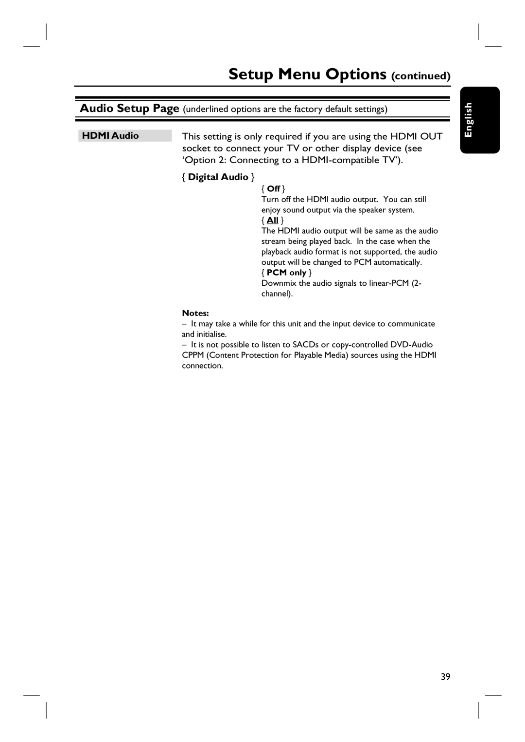 Philips HTS8100 quick start Hdmi Audio, This setting is only required if you are using the Hdmi OUT, Digital Audio 