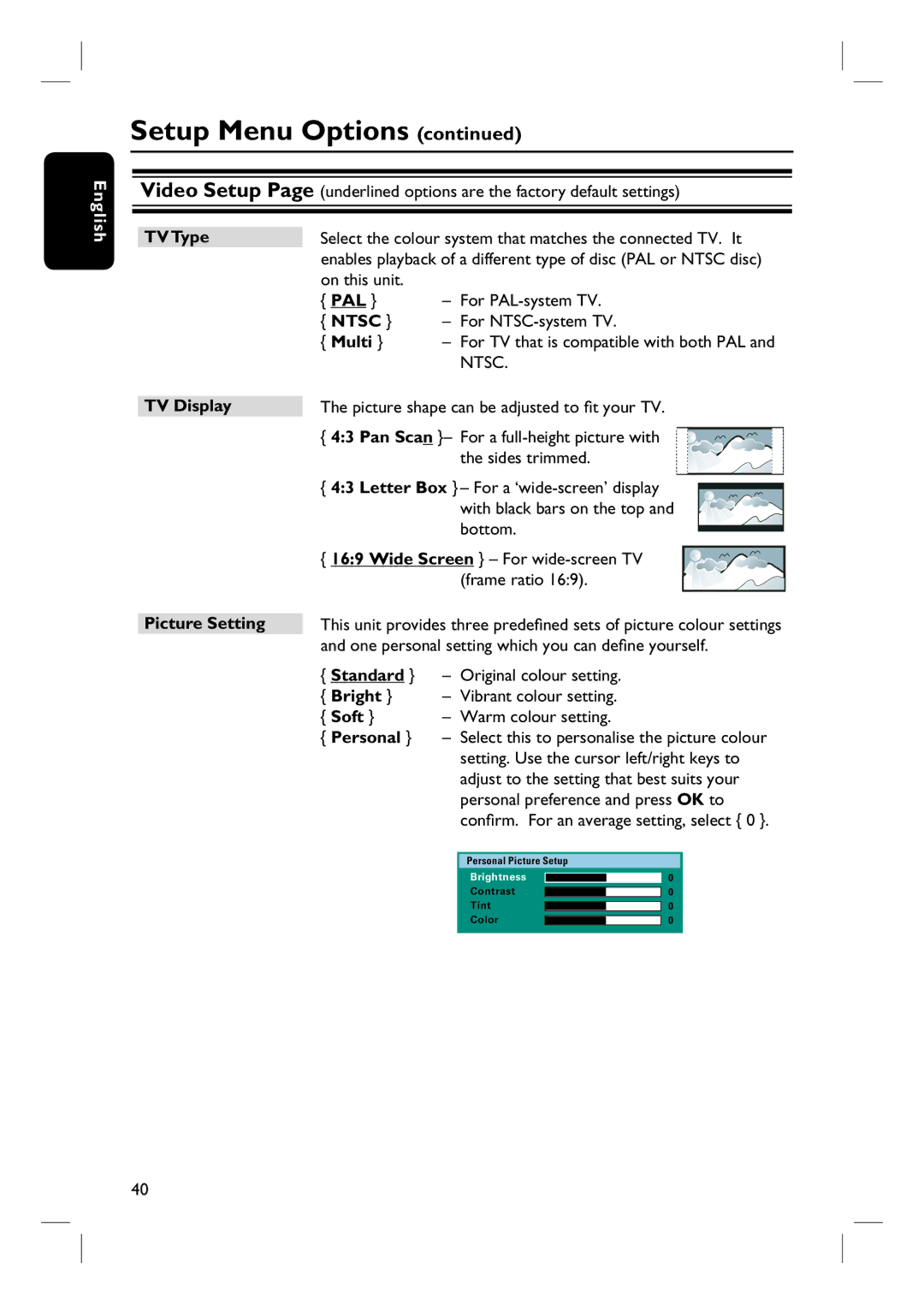 Philips HTS8100 quick start TV Type, Ntsc, Multi, TV Display Picture Setting, Soft 