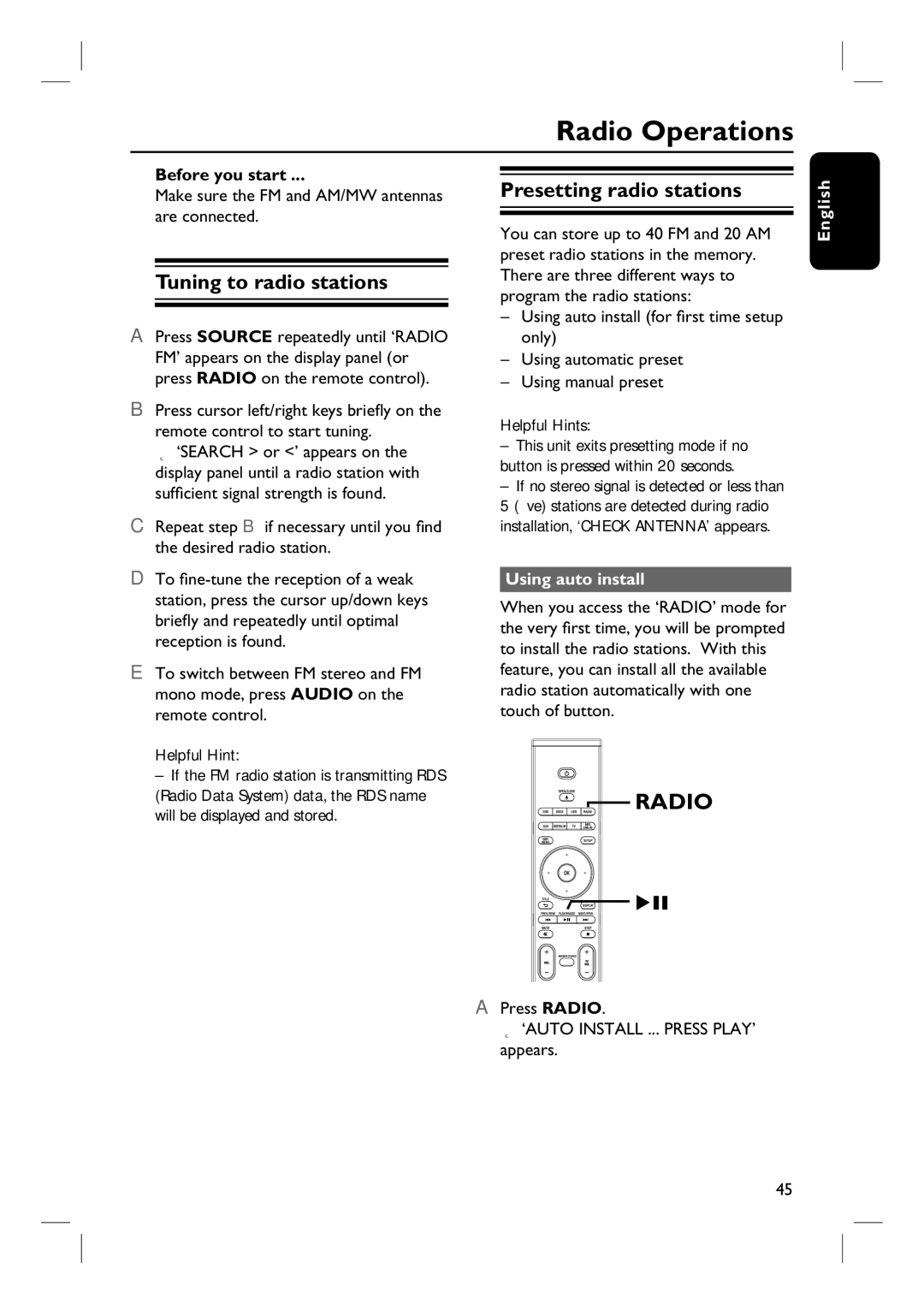 Philips HTS8100 quick start Radio Operations, Tuning to radio stations, Presetting radio stations, Using auto install 