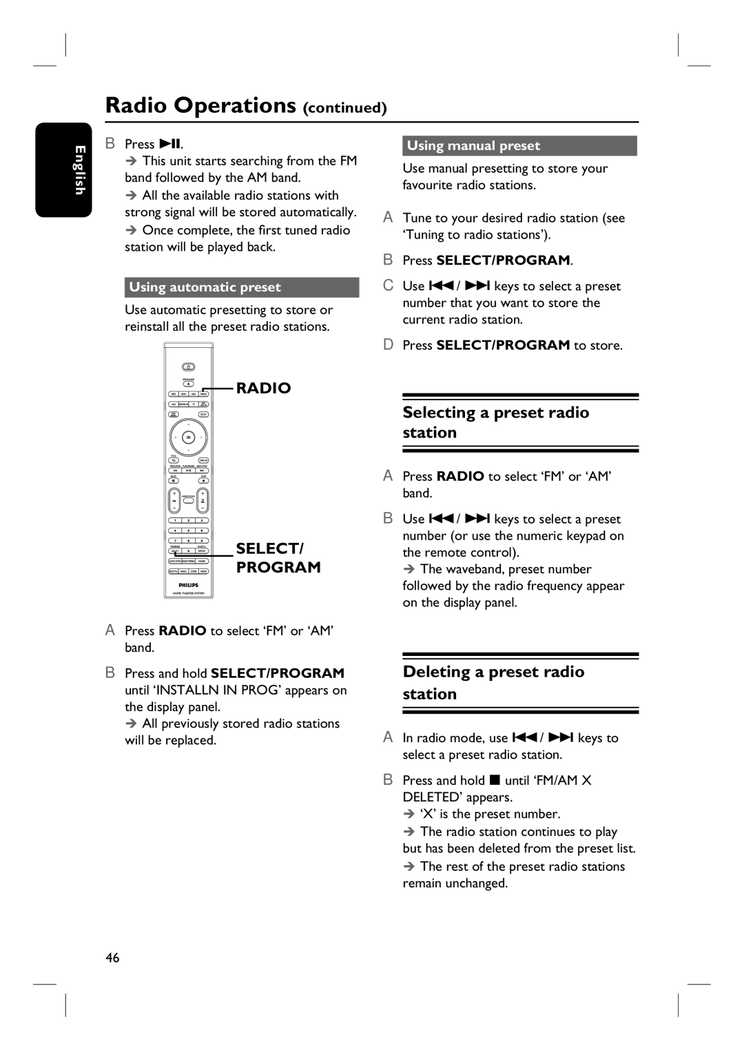 Philips HTS8100 quick start Selecting a preset radio station, Deleting a preset radio station, Using automatic preset 