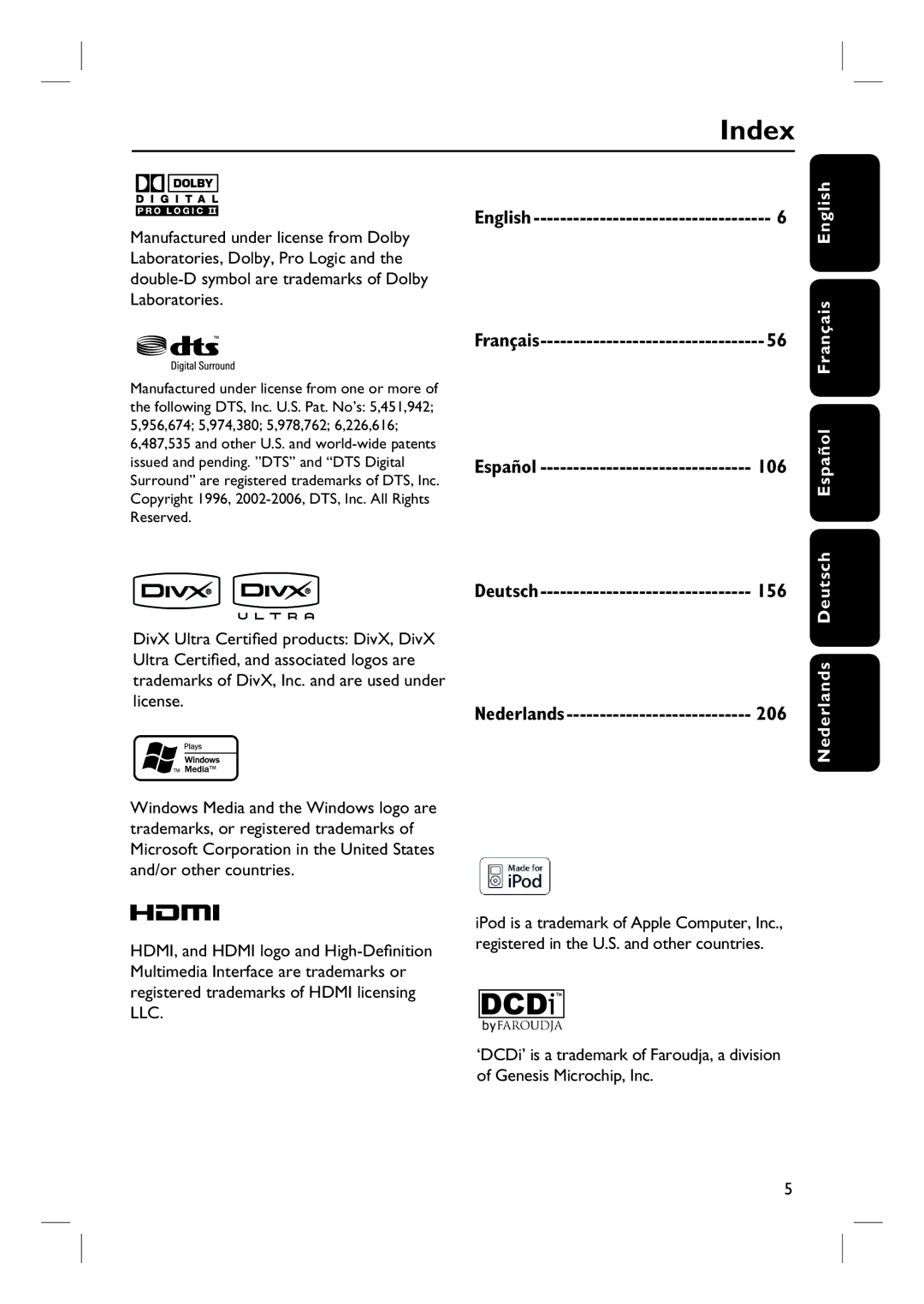 Philips HTS8100 quick start Index, Nederlands Deutsch Español Français 