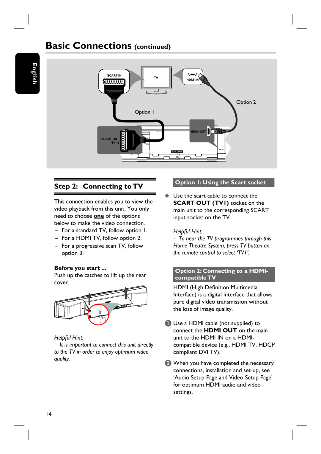 Philips HTS8100 quick start Basic Connections continued, Connecting to TV, English, Before you start, Helpful Hint 