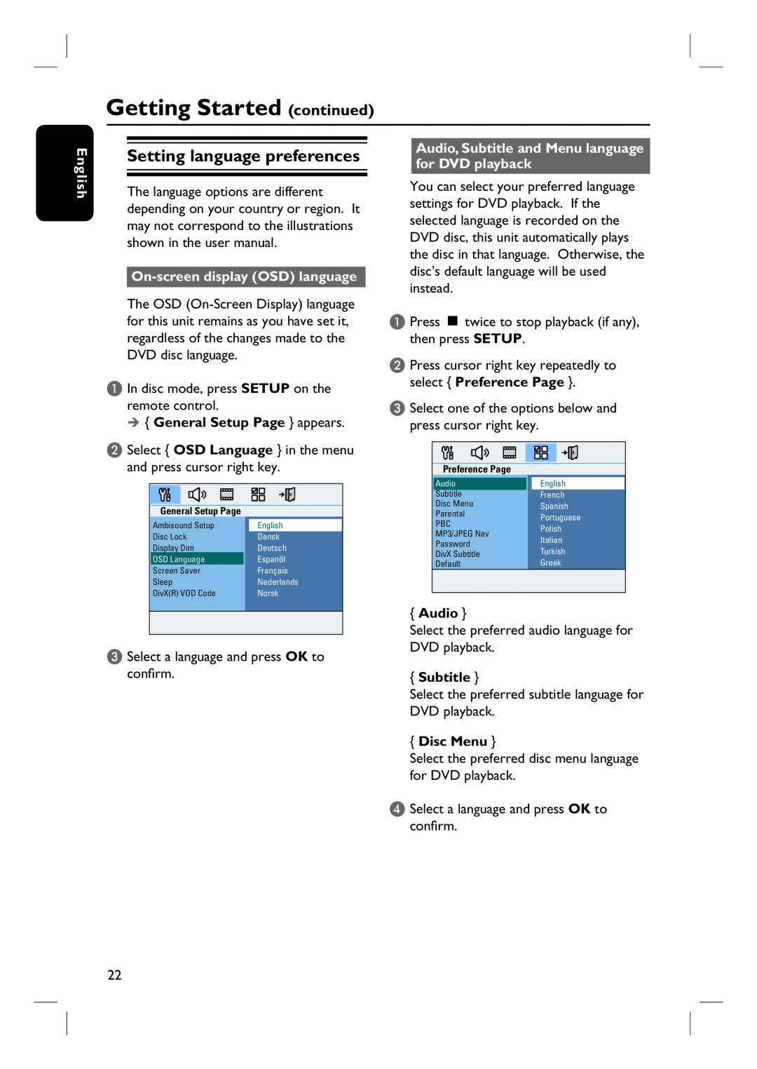 Philips HTS8100 Setting language preferences, English, On-screendisplay OSD language, General Setup Page appears, Audio 