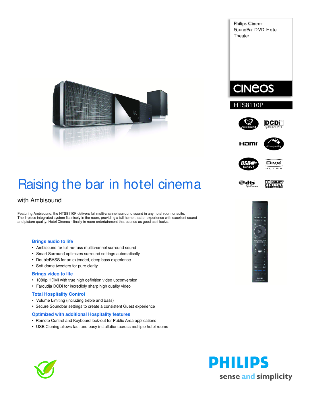 Philips HTS8110P manual Brings audio to life, Brings video to life, Total Hospitality Control 