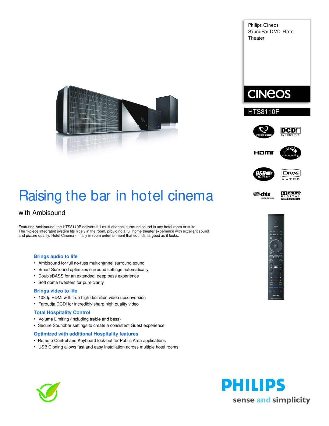 Philips HTS8110P manual Philips Cineos SoundBar DVD Hotel Theater, Brings audio to life, Brings video to life 