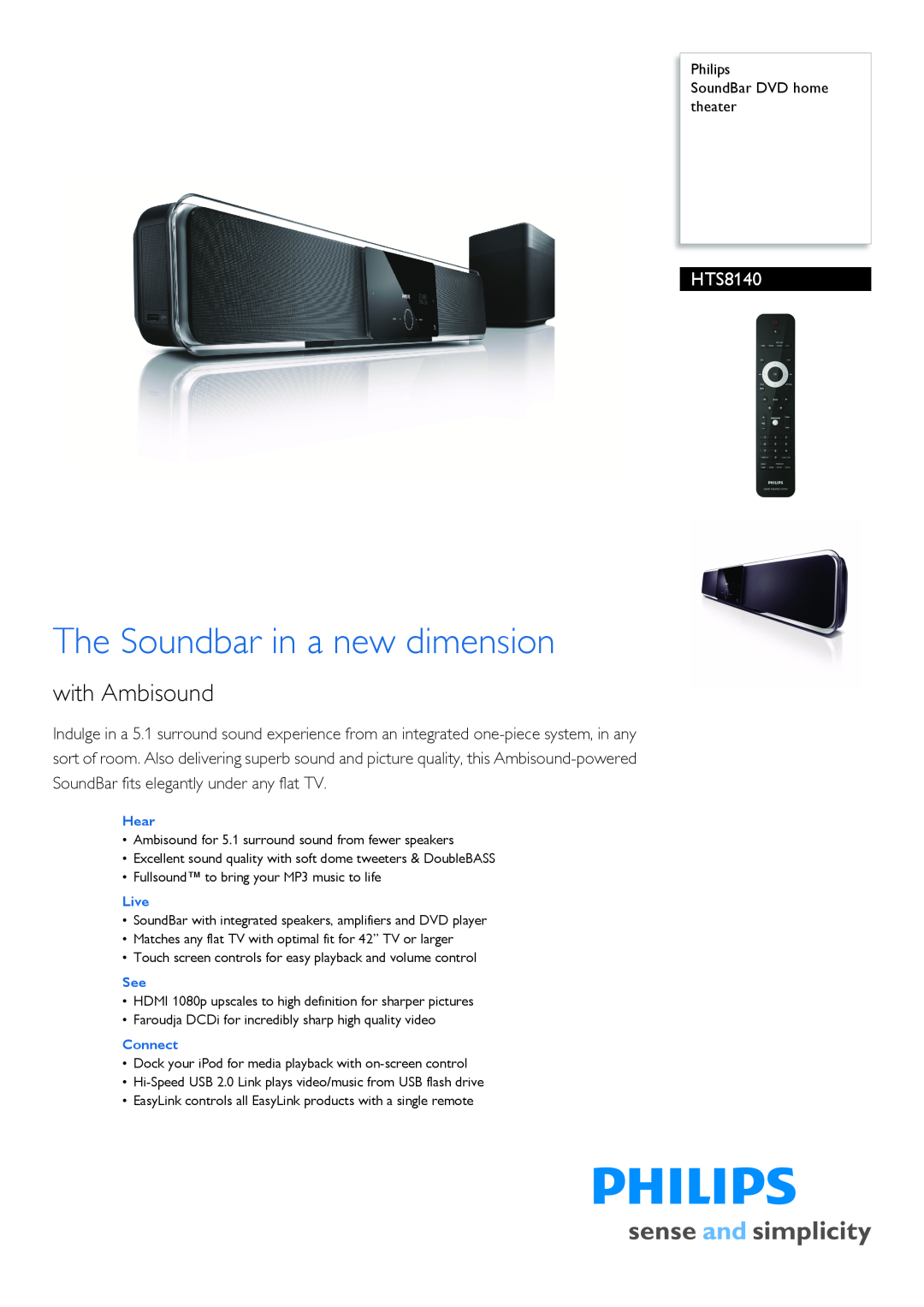 Philips HTS8140/98 manual Philips SoundBar DVD home theater, The Soundbar in a new dimension, with Ambisound 