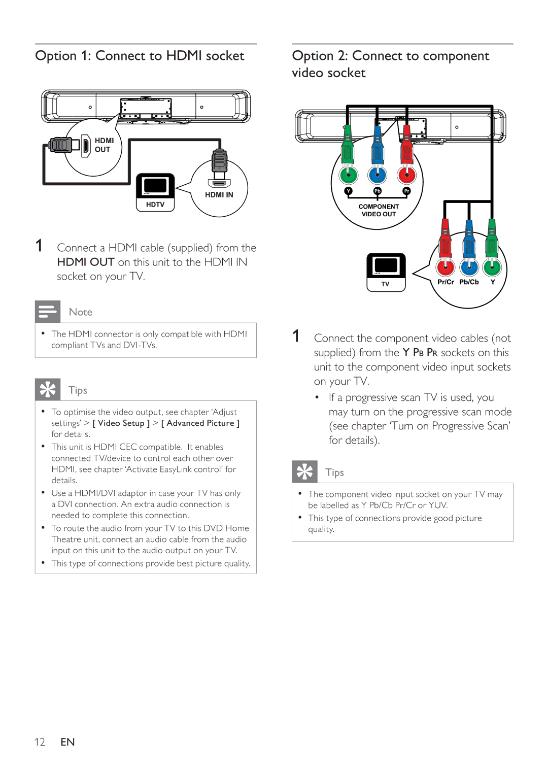 Philips HTS8141 user manual Option 1 Connect to Hdmi socket, Option 2 Connect to component video socket 