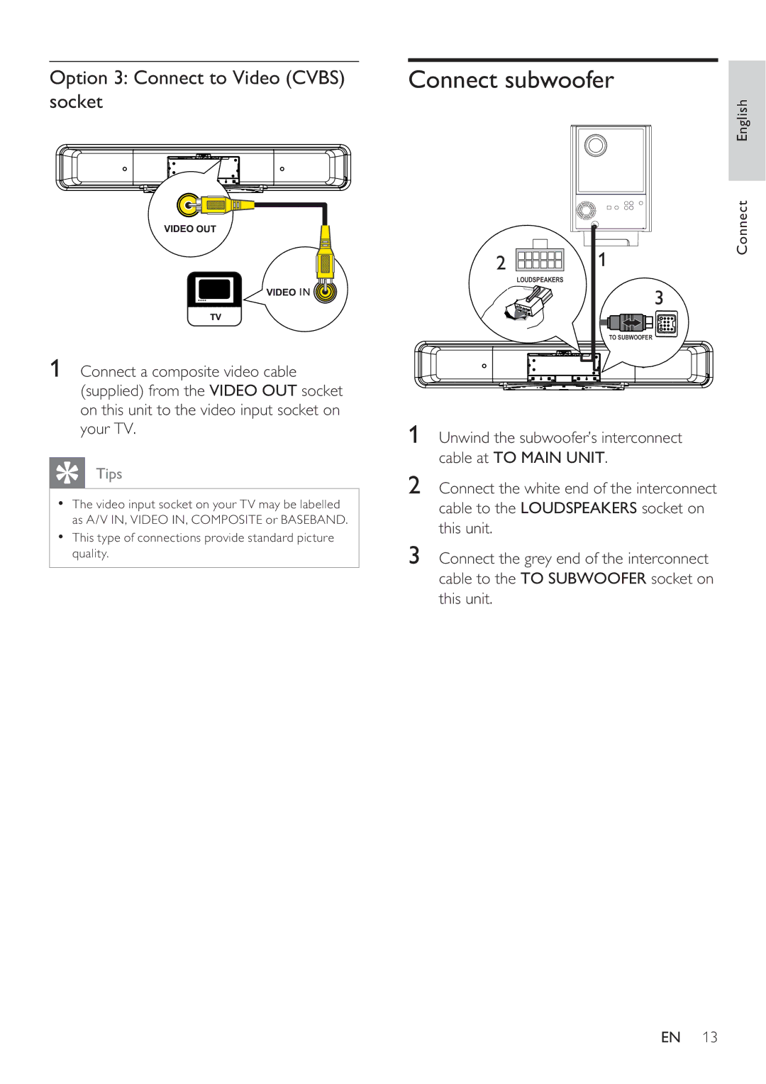 Philips HTS8141 user manual Connect subwoofer, Option 3 Connect to Video Cvbs socket 