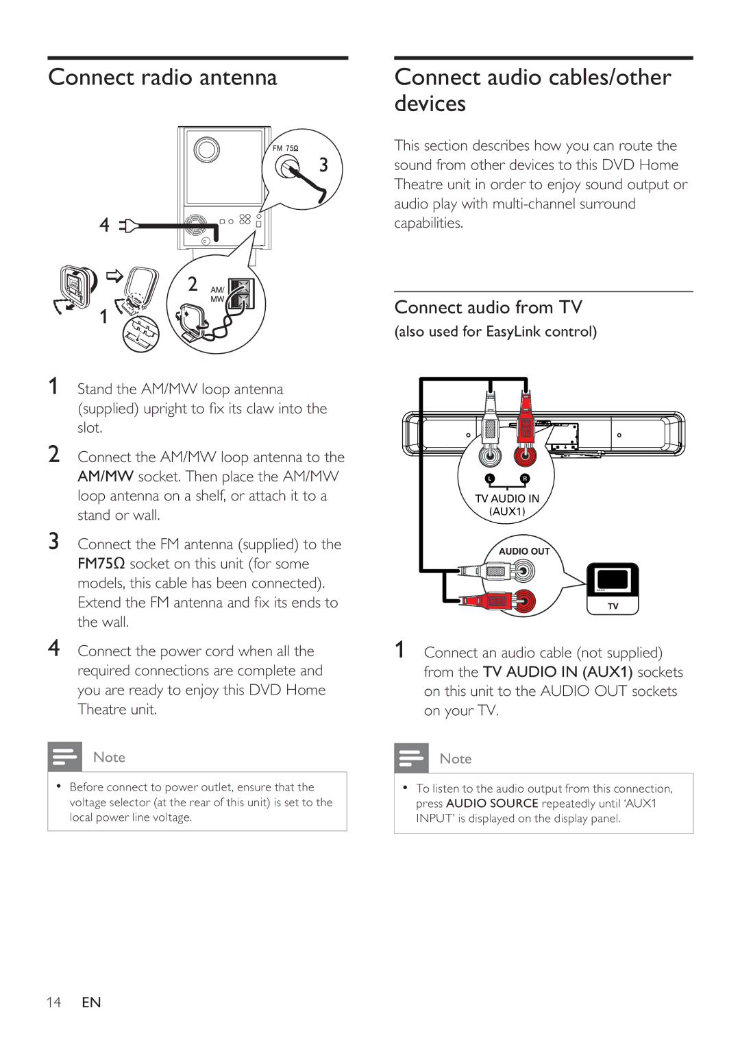 Philips HTS8141 user manual Connect radio antenna, Connect audio cables/other devices, Connect audio from TV 