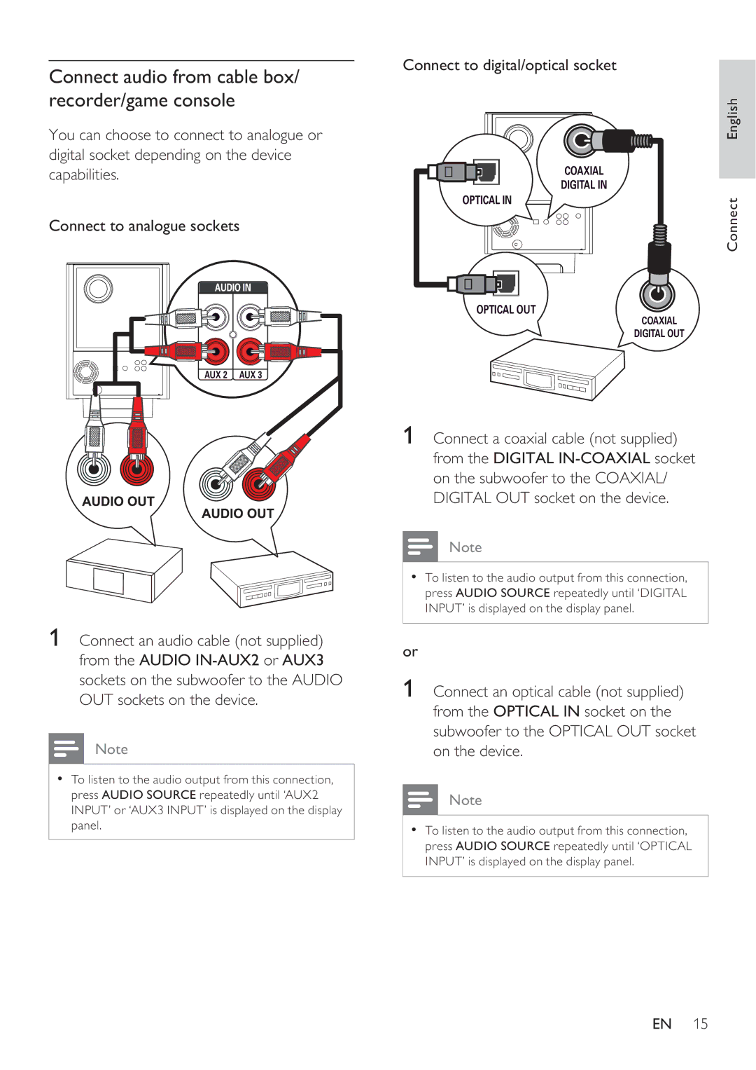 Philips HTS8141 user manual Connect audio from cable box/ recorder/game console, Connect to digital/optical socket 