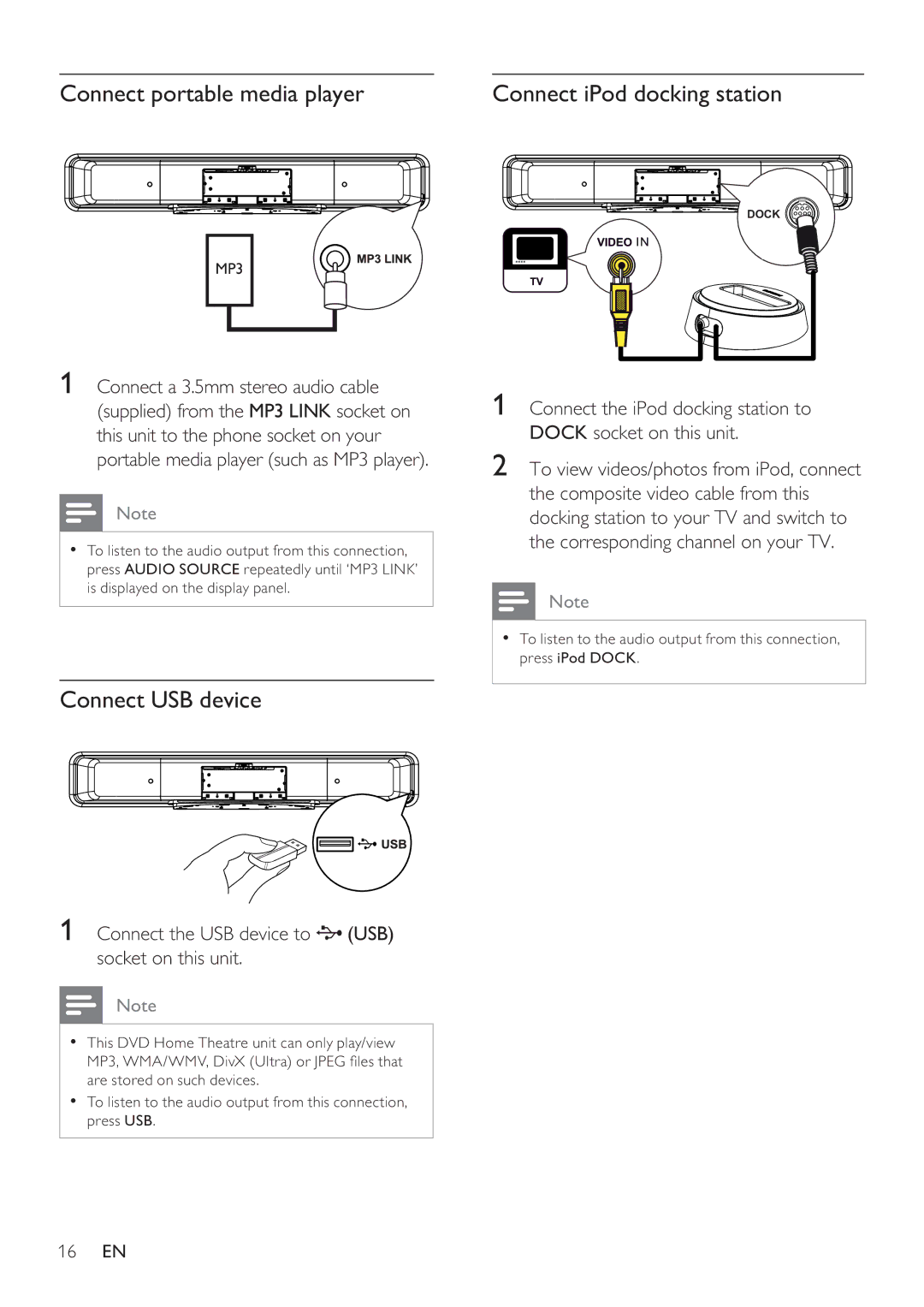 Philips HTS8141 user manual Connect portable media player Connect iPod docking station, Connect USB device 