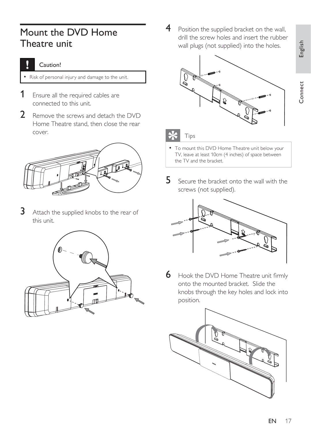 Philips HTS8141 user manual Mount the DVD Home Theatre unit, Wall plugs not supplied into the holes 