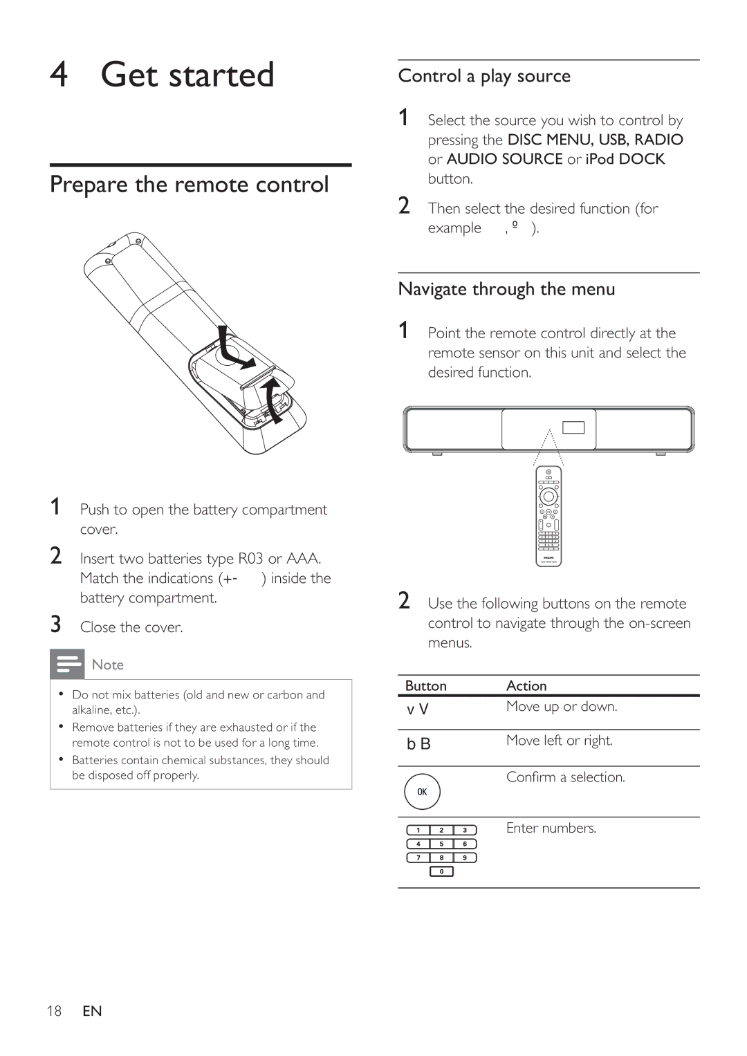 Philips HTS8141 user manual Get started, Prepare the remote control, Control a play source, Navigate through the menu 