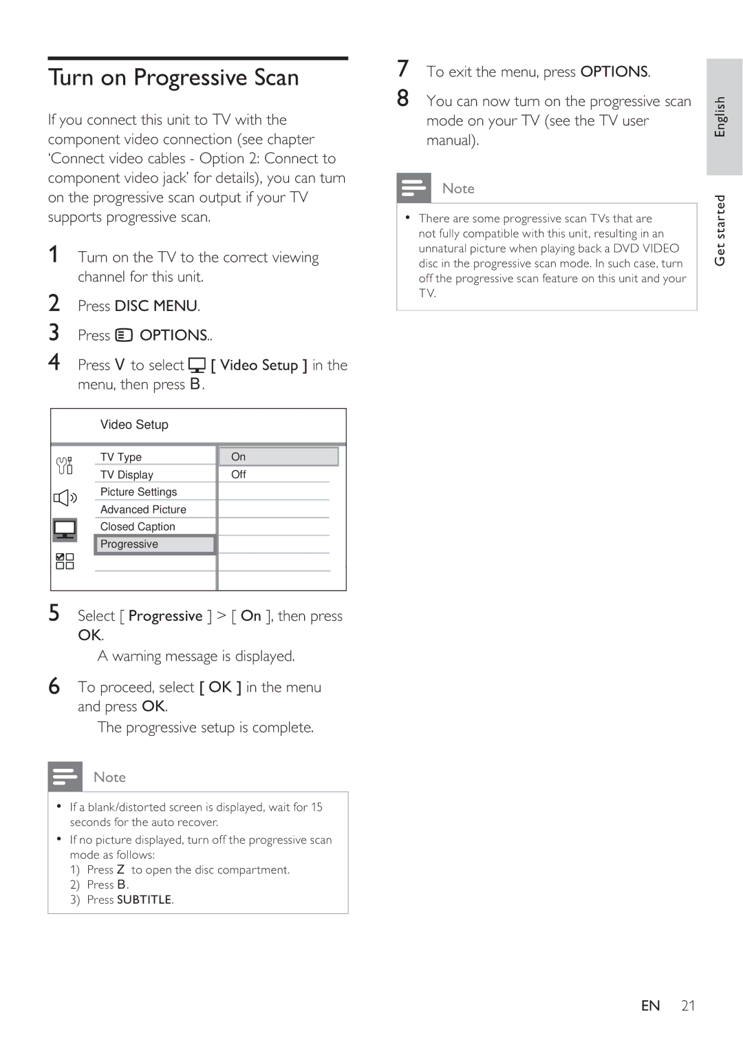 Philips HTS8141 user manual Turn on Progressive Scan, To exit the menu, press Options 