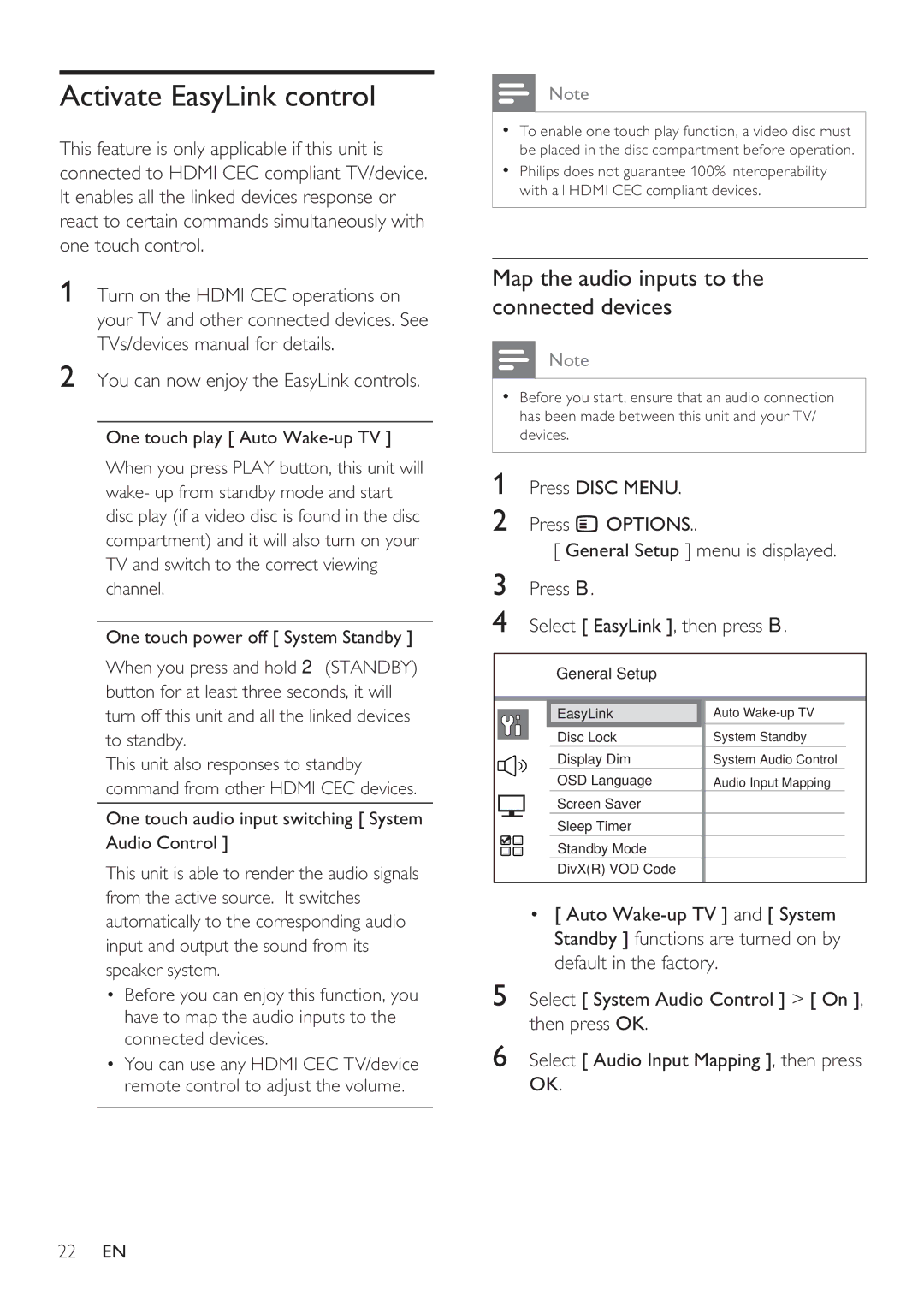 Philips HTS8141 user manual Activate EasyLink control, Map the audio inputs to the connected devices 