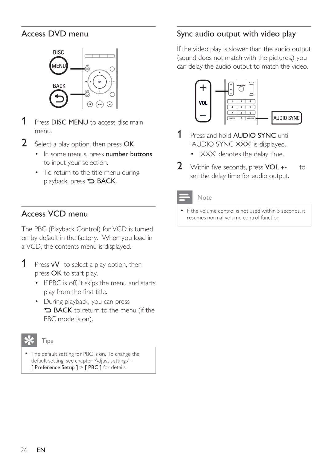 Philips HTS8141 user manual Access DVD menu, Access VCD menu, Sync audio output with video play 