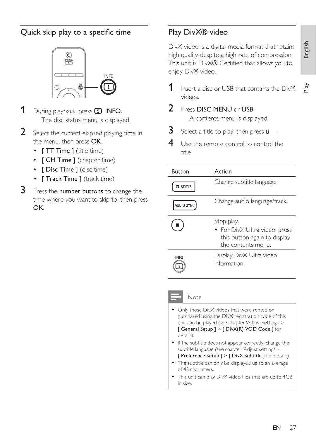 Philips HTS8141 user manual Quick skip play to a speci c time, Play DivX video 