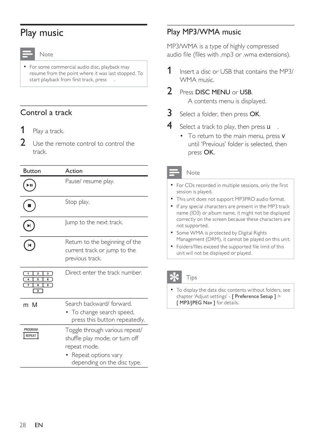 Philips HTS8141 Play music, Control a track, Play MP3/WMA music, Play a track Use the remote control to control the track 