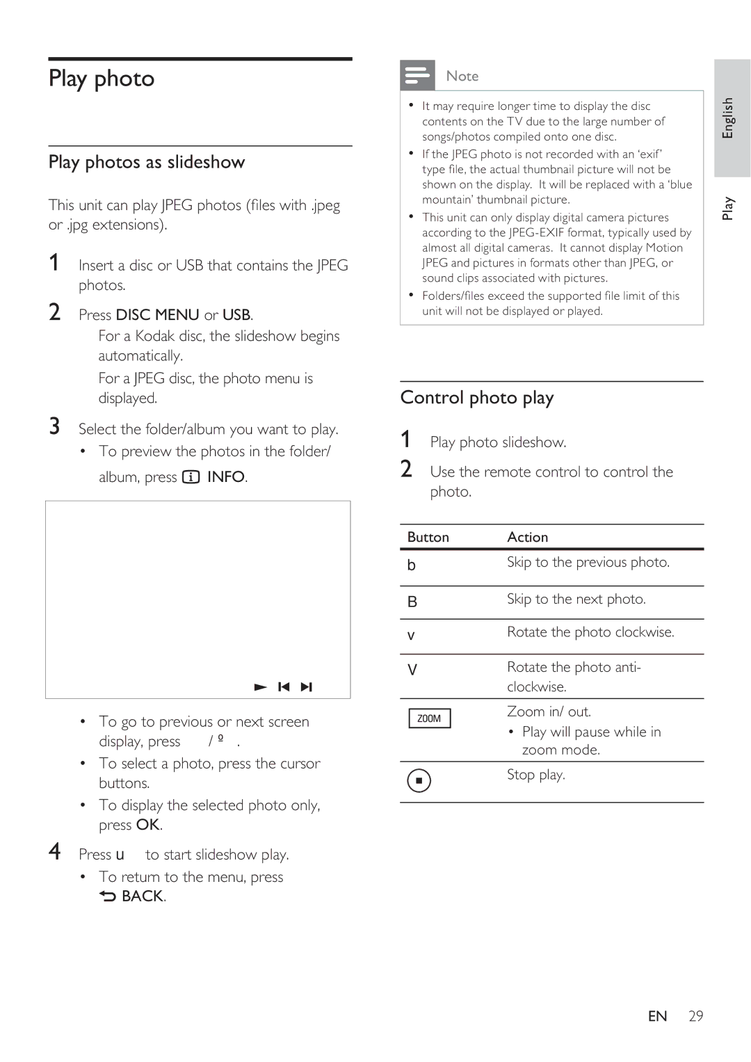 Philips HTS8141 user manual Play photos as slideshow, Control photo play 