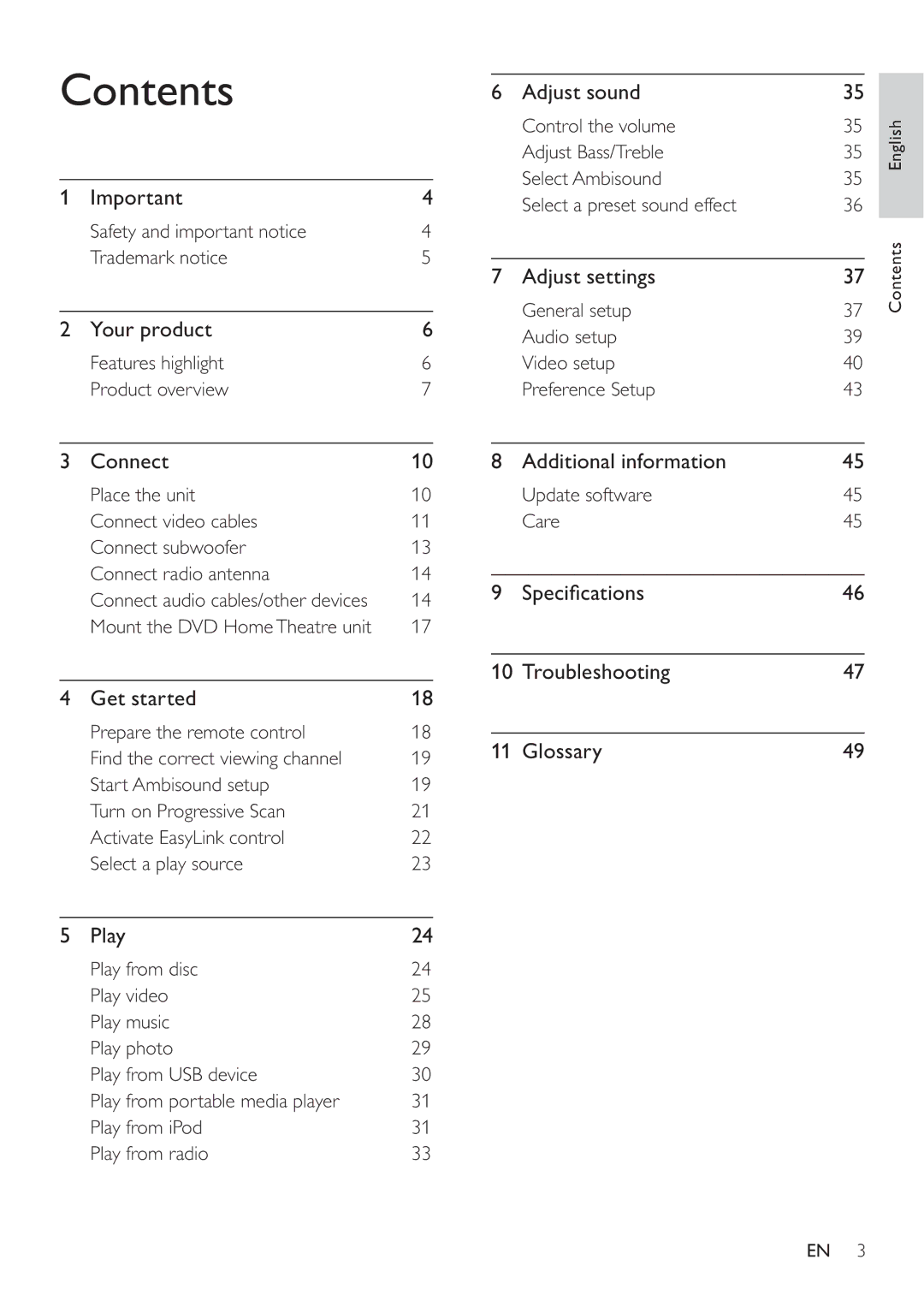 Philips HTS8141 user manual Contents 