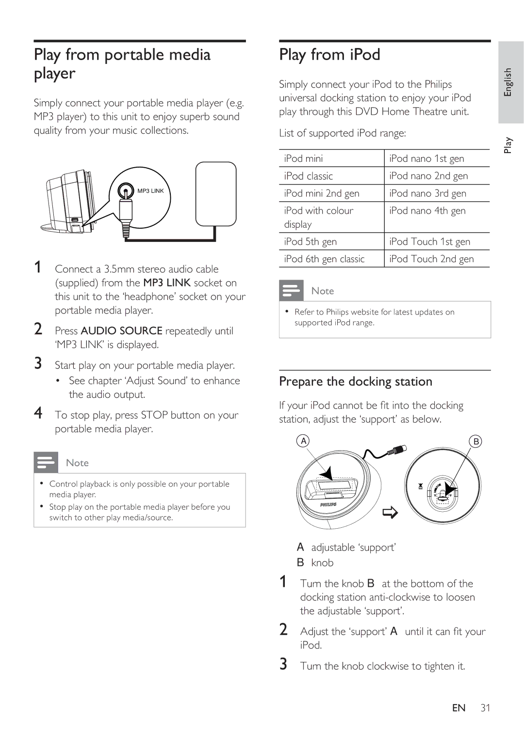 Philips HTS8141 user manual Play from portable media player, Play from iPod, Prepare the docking station, IPod classic 