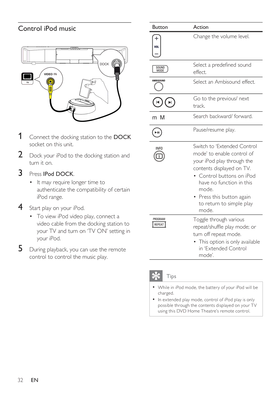 Philips HTS8141 user manual Control iPod music, Pause/resume play 