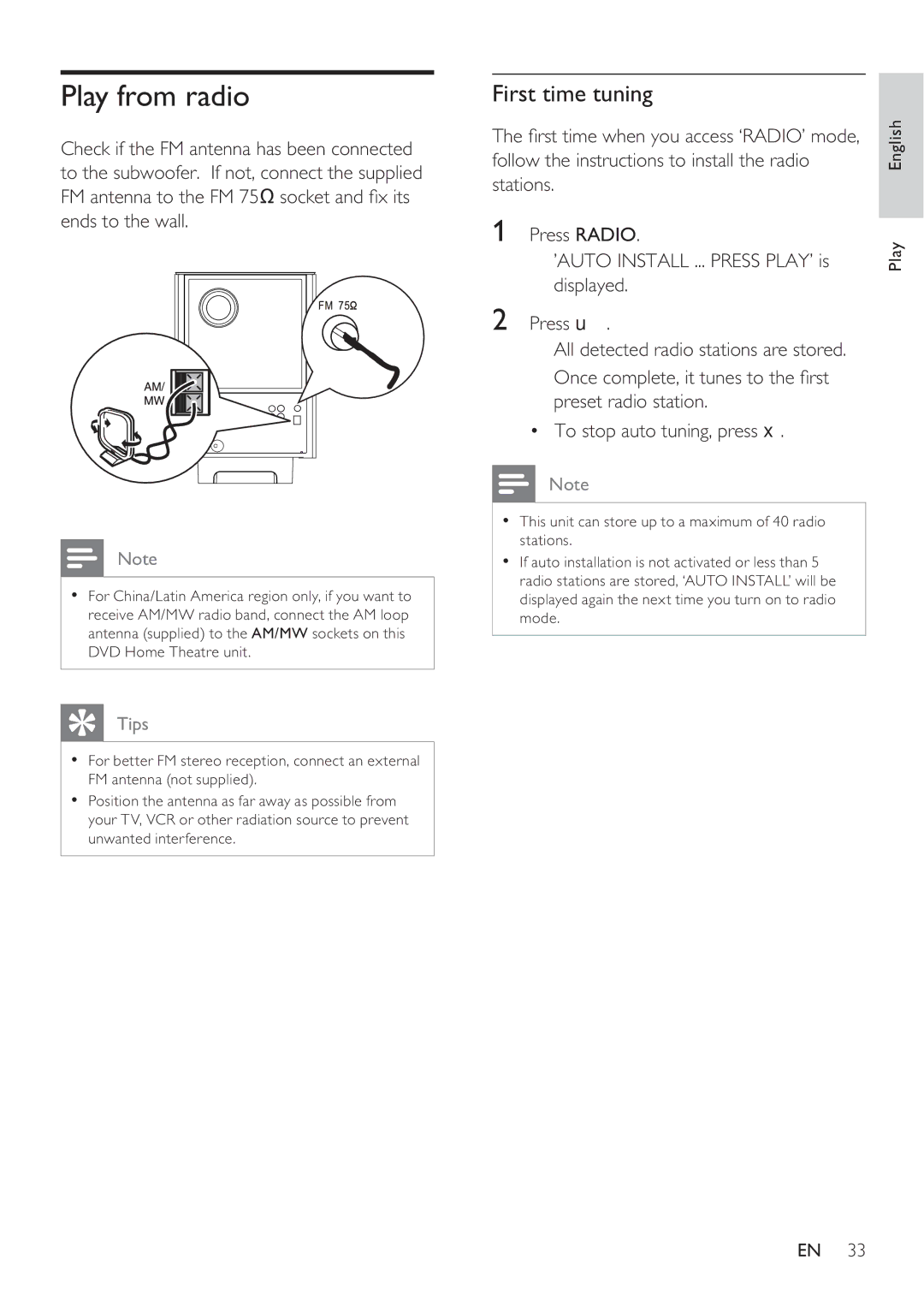 Philips HTS8141 user manual Play from radio, First time tuning 