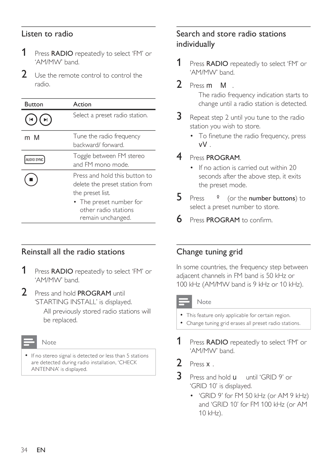 Philips HTS8141 user manual Listen to radio, Search and store radio stations individually, Reinstall all the radio stations 