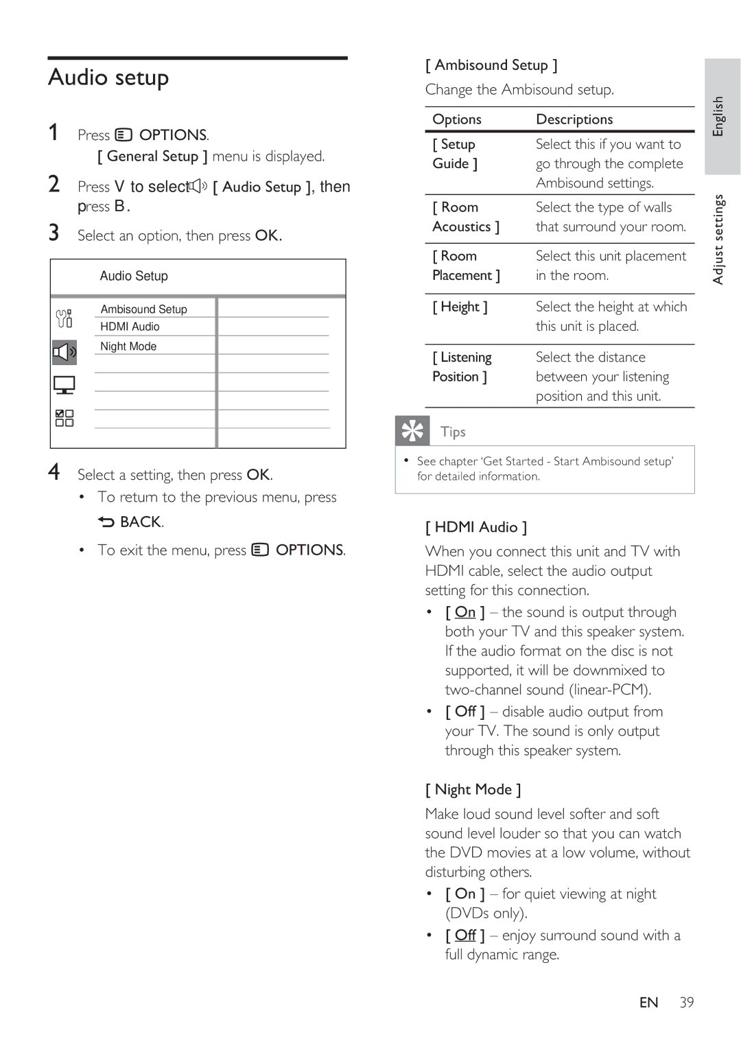 Philips HTS8141 user manual Audio setup 