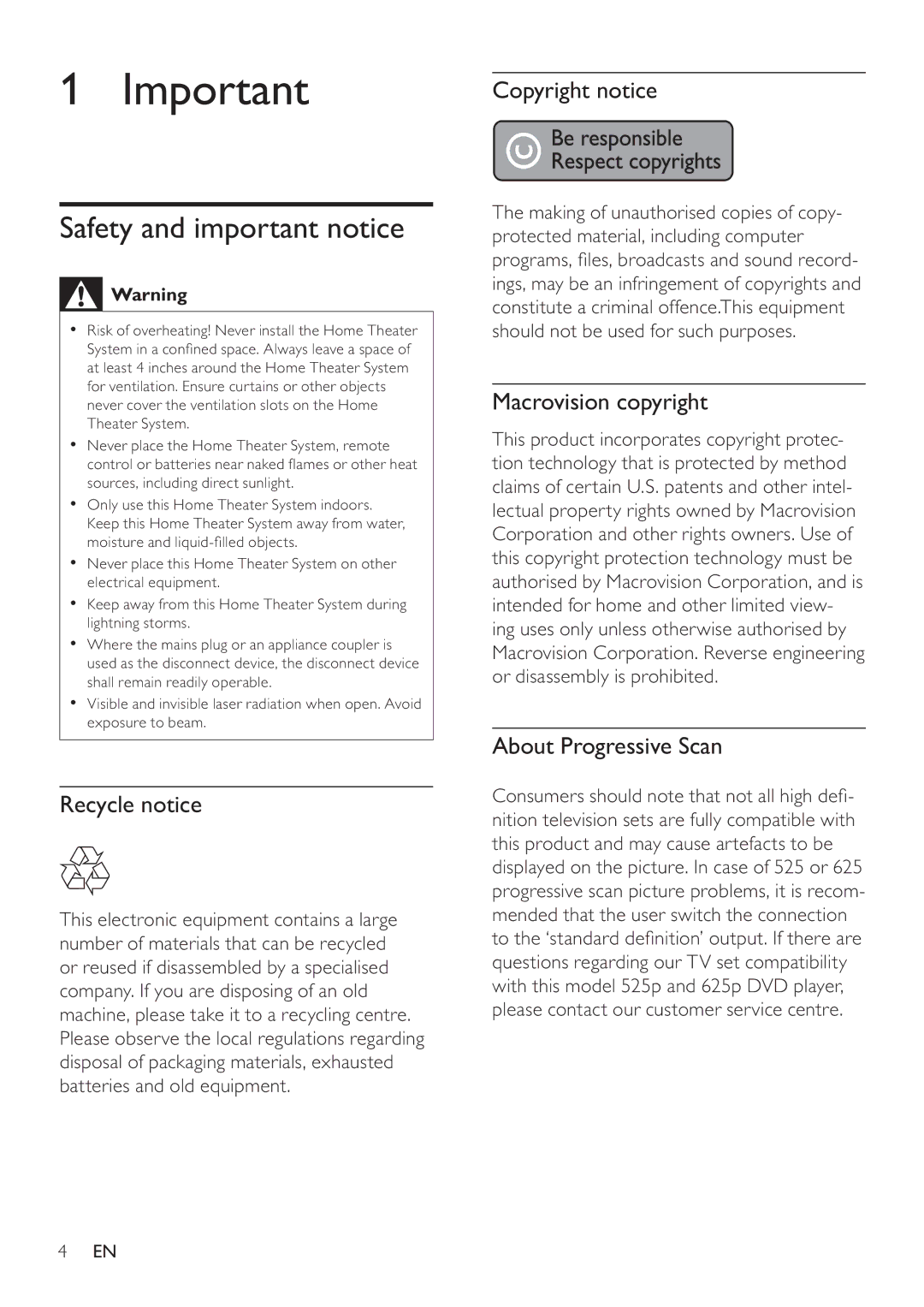 Philips HTS8141 user manual Safety and important notice, Recycle notice, Copyright notice, Macrovision copyright 