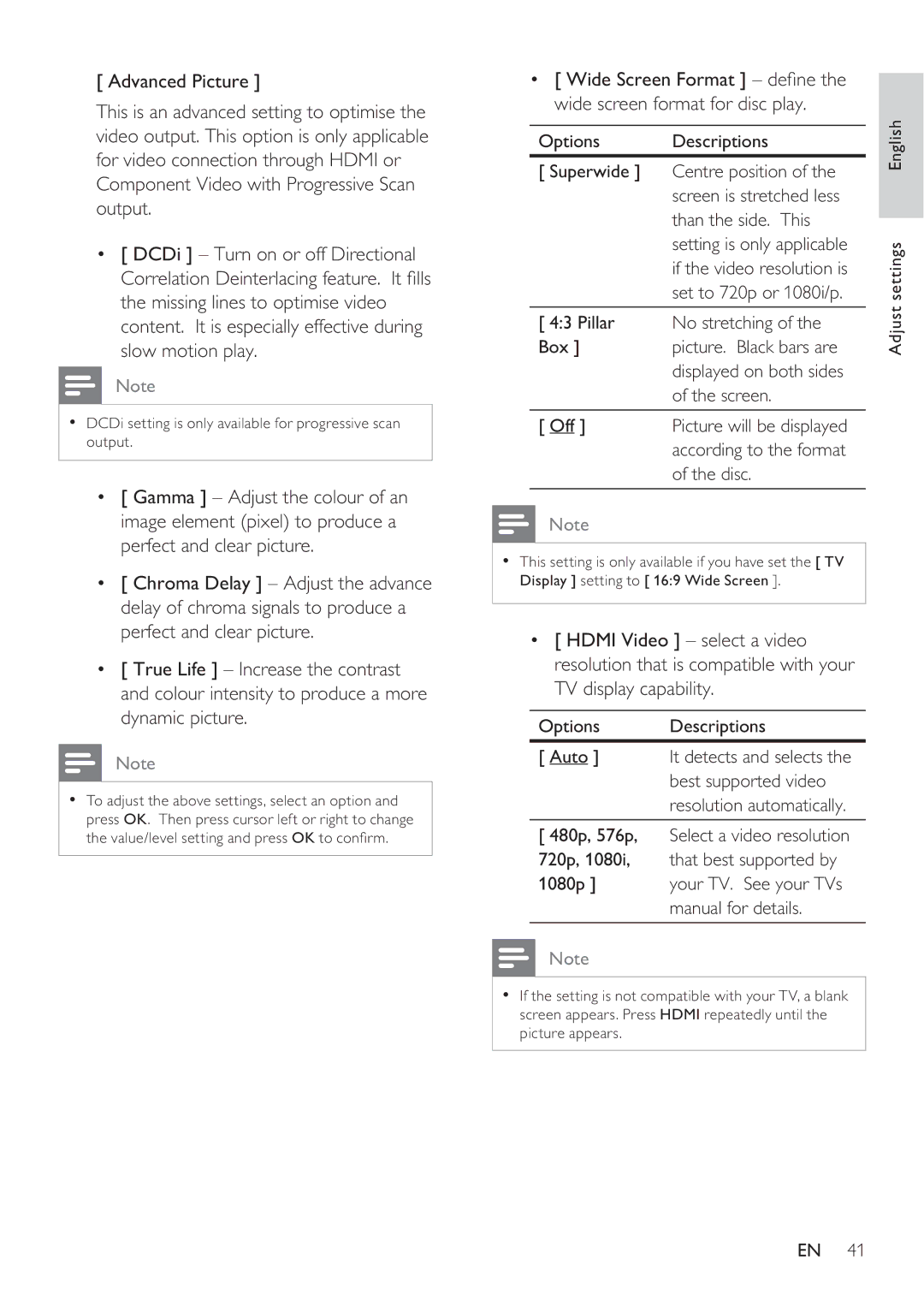 Philips HTS8141 user manual Options Descriptions Auto 