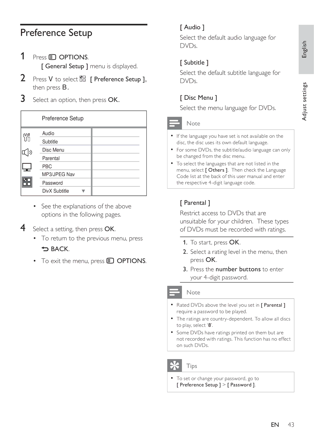 Philips HTS8141 user manual Preference Setup, Parental 