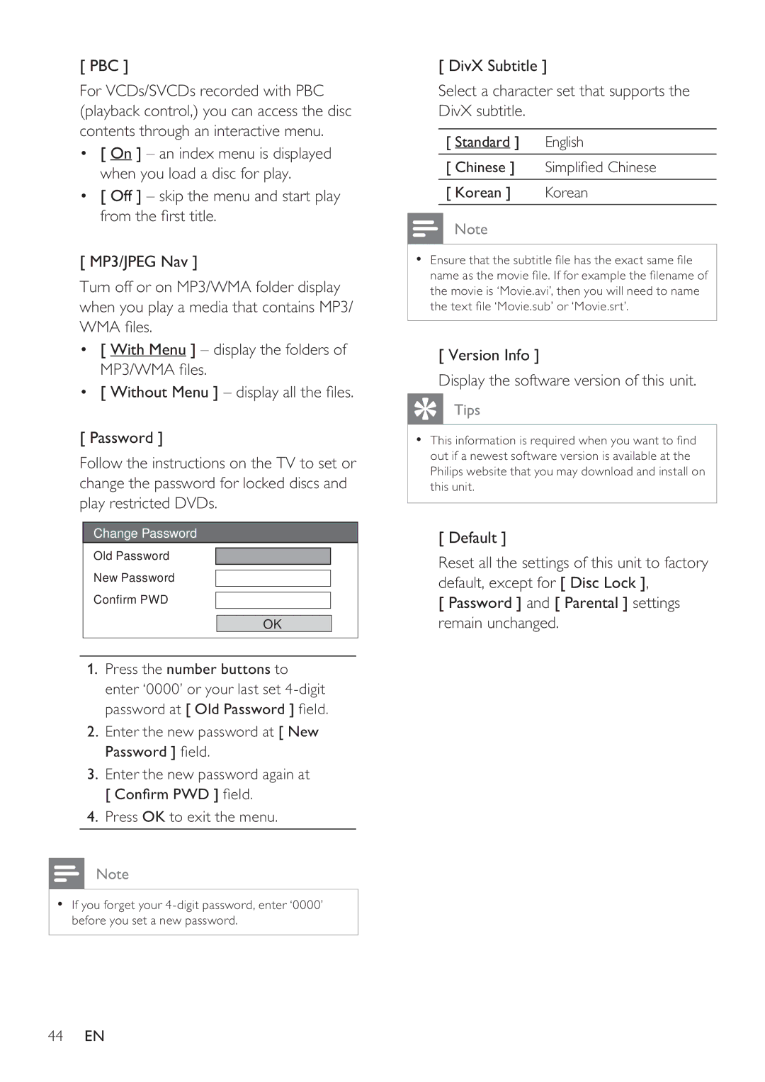 Philips HTS8141 user manual Pbc, Version Info Display the software version of this unit, Default 