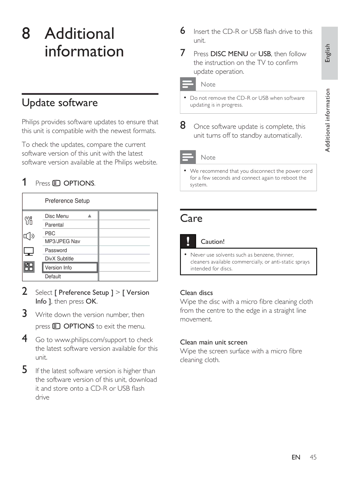 Philips HTS8141 user manual Update software, Care 