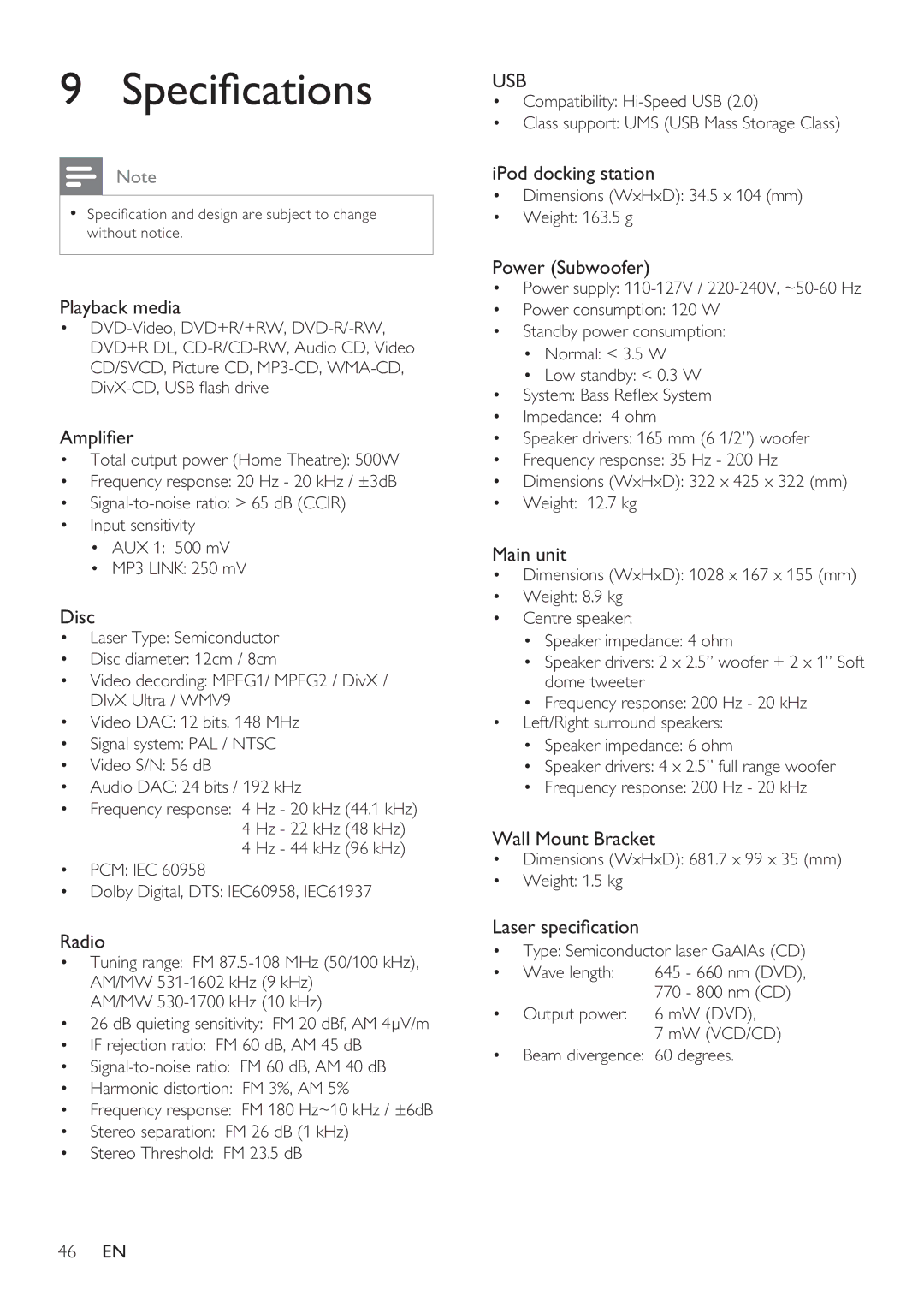 Philips HTS8141 user manual Speci cations 