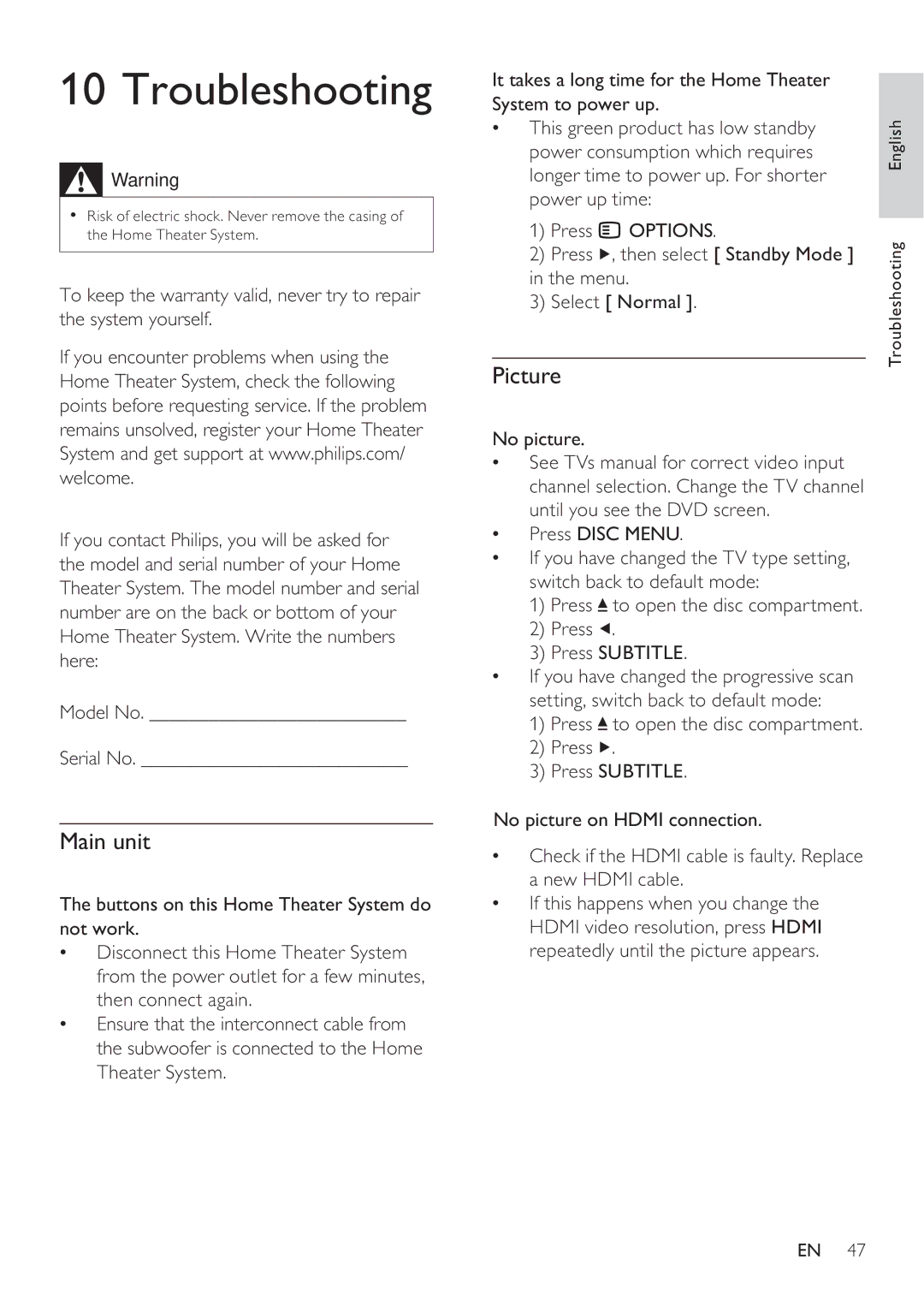 Philips HTS8141 user manual Troubleshooting, Picture 