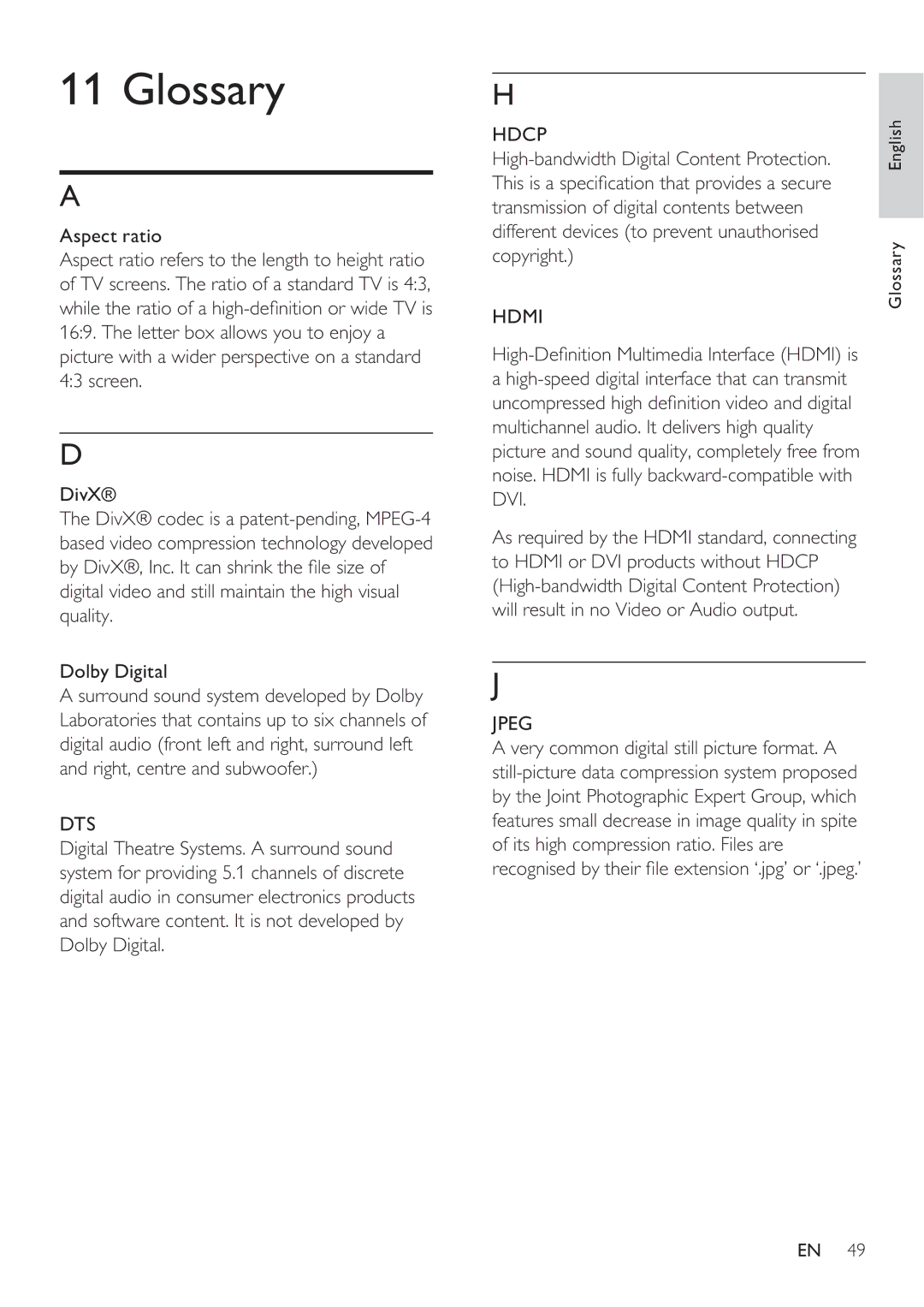 Philips HTS8141 user manual Glossary, High-bandwidth Digital Content Protection, Copyright 