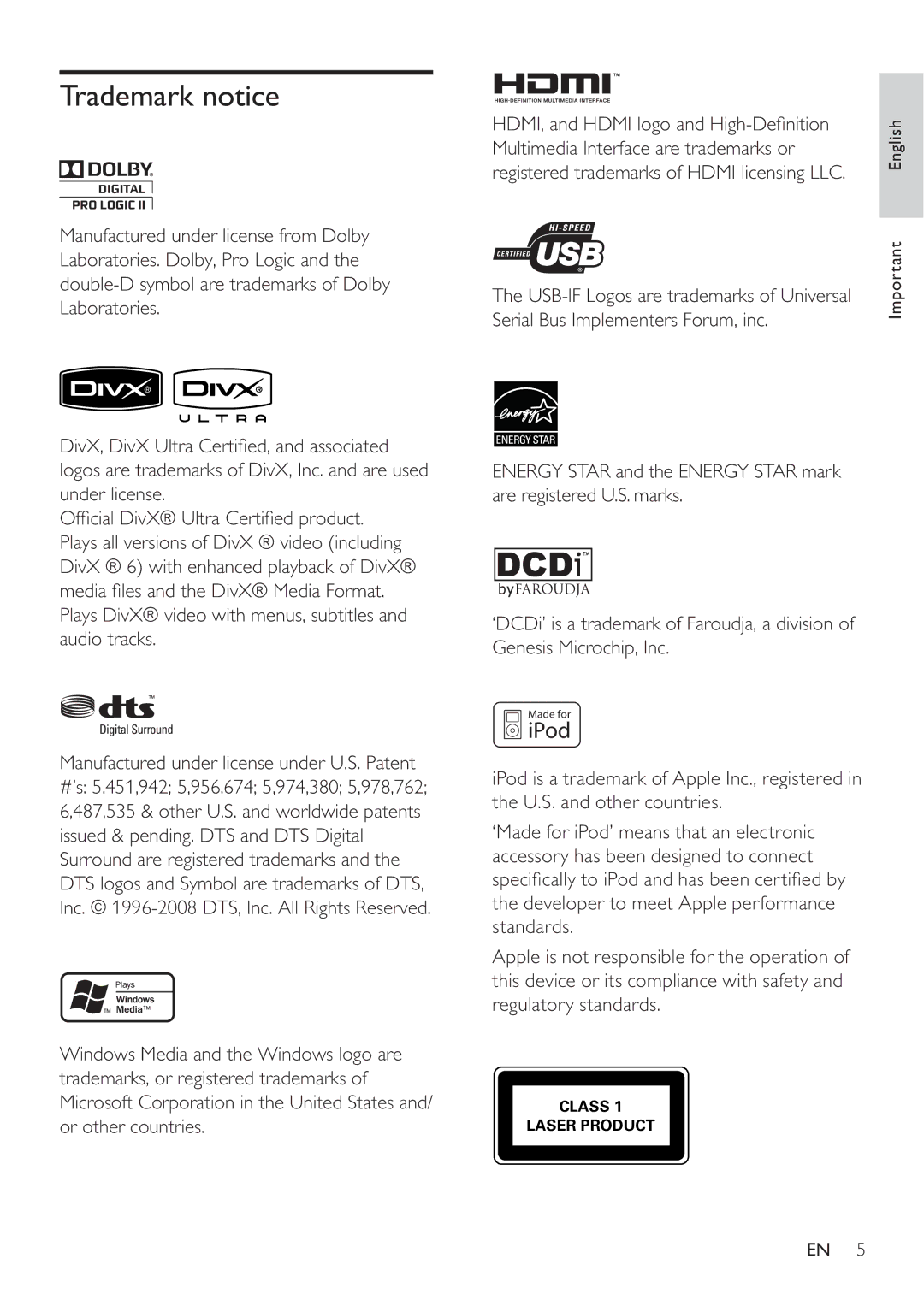 Philips HTS8141 user manual Trademark notice, Multimedia Interface are trademarks or 