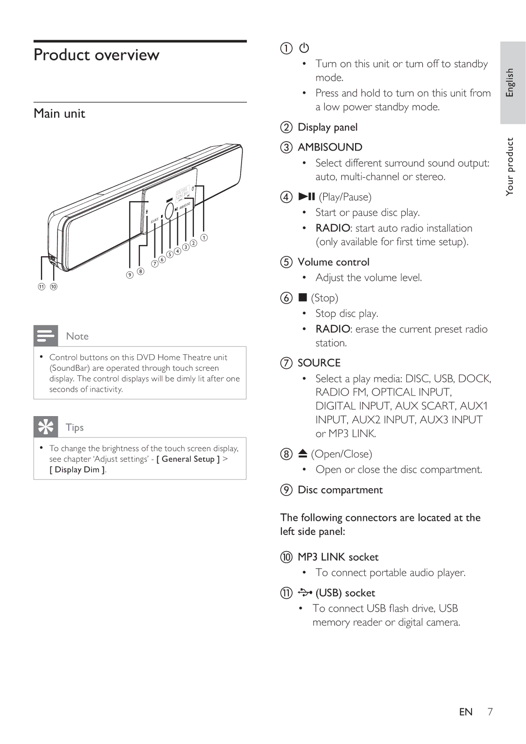 Philips HTS8141 user manual Product overview, Main unit, Play/Pause Start or pause disc play 