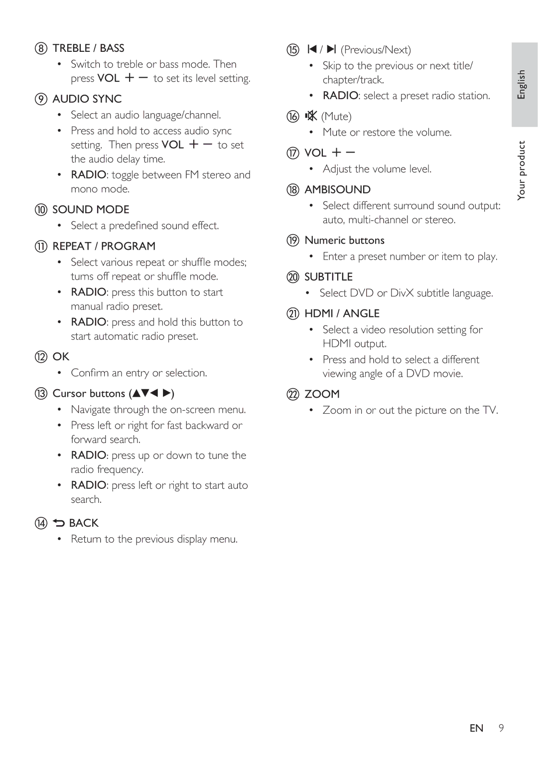 Philips HTS8141 user manual Zoom Zoom in or out the picture on the TV 