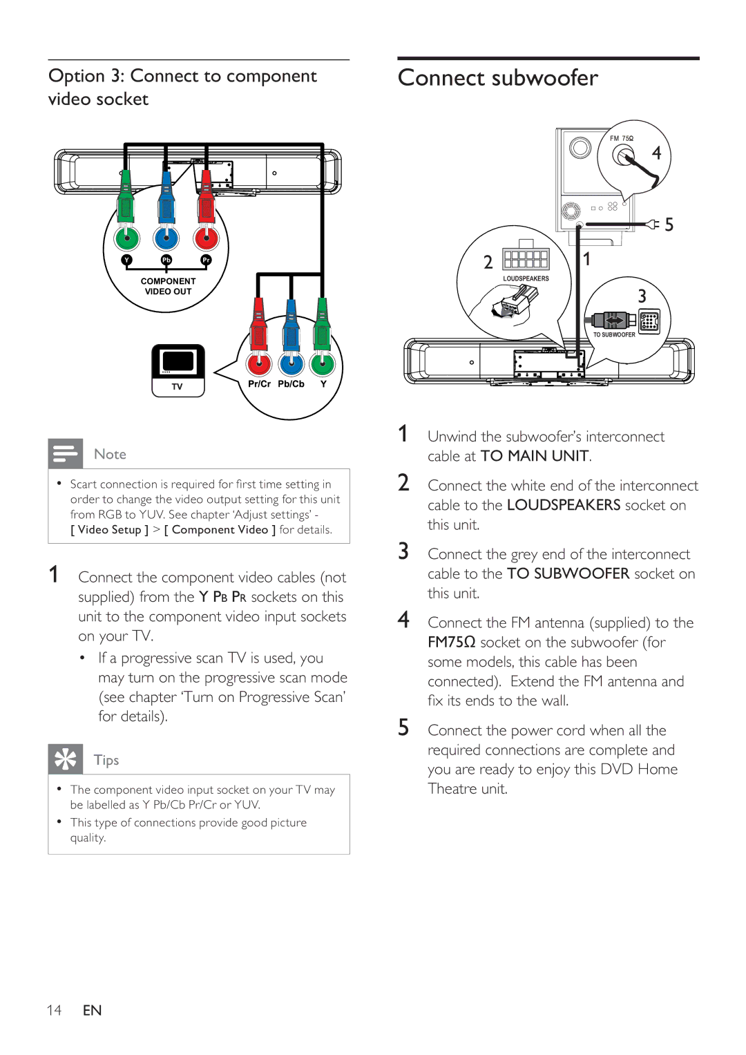 Philips HTS8141/12 user manual Connect subwoofer, Option 3 Connect to component video socket 