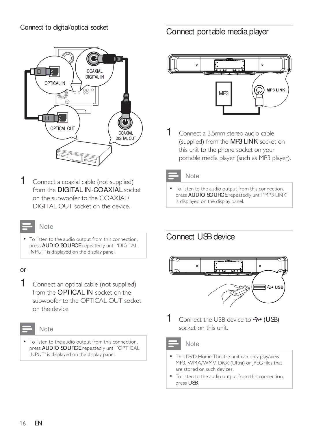 Philips HTS8141/12 user manual Connect portable media player, Connect USB device, Connect to digital/optical socket 